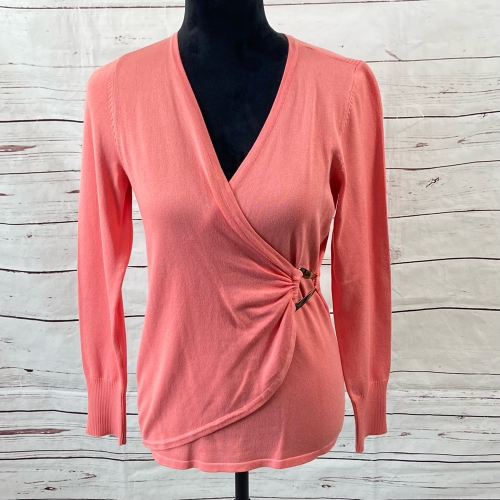 Cache Sweater Women’s Medium Peach Faux Wrap Ribbed V-Neck Gold Metal